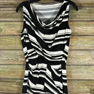 New York & Co Blk White Stripe Sleeveless Side Rouched Top Size Small